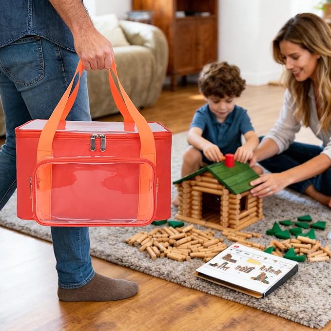 4 Pack Wooden Building Blocks Storage Bags Compatible with Wondertoys 530 Pcs Wooden Logs Set Toy Organizer with Clear PVC Window Mesh Pocket &amp Handles for Wooden Logs Blocks &amp Accessories