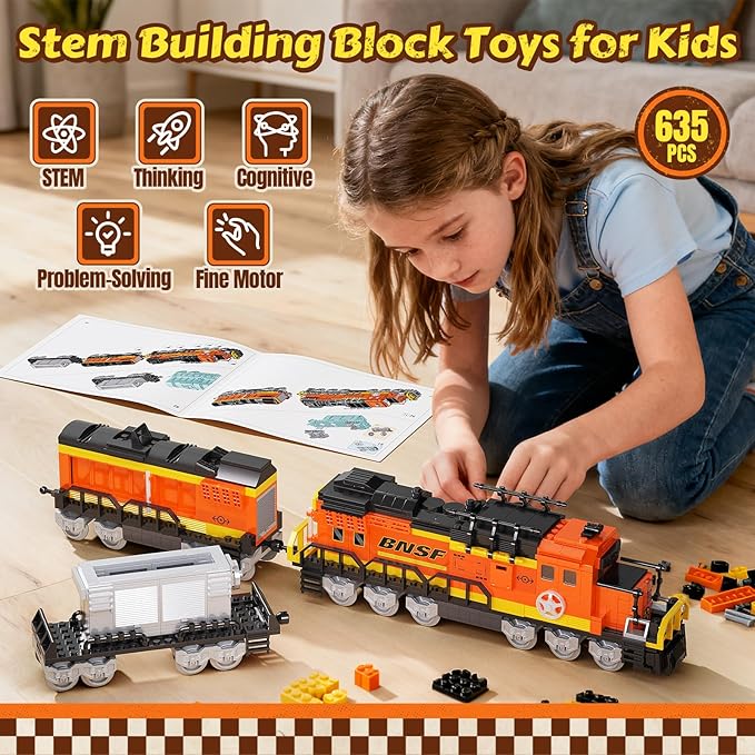 City Train Building Set Stem Trains Building Toy for Boys Girls Ages 6-14 BNSF Freight Trains Model for Kids and Adult Stem Locomotive Train Building Blocks Christmas Birthday Gifts 635 PCS