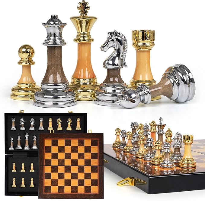 Luxury Large Metal &amp Acrylic Chess Set with Wooden Chess Board (17”) – Weighted Chess Pieces with 3.5” King Foldable Tournament Chess Set for Adults and Kids Professional Chess Game Set