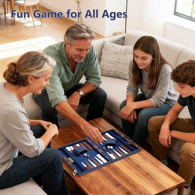 15 inch Backgammon Sets for Adults - Classic Board Game with Premium Sea Blue Leather Case - Travel Backgammon Set for 2 Players - Portable Strategy Board Games for Gifts &amp Family Fun