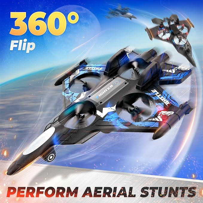 BEZGAR RC Plane | 2.4GHZ Remote Control Airplane Mini Stunt Plane Helicopter 360° Flip Fighter Jet Toy with Colorful LED Navigation Lights Blue Toys for ages 8-13