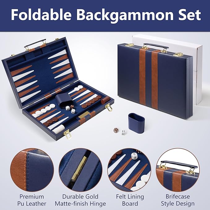 15 inch Backgammon Sets for Adults - Classic Board Game with Premium Sea Blue Leather Case - Travel Backgammon Set for 2 Players - Portable Strategy Board Games for Gifts &amp Family Fun
