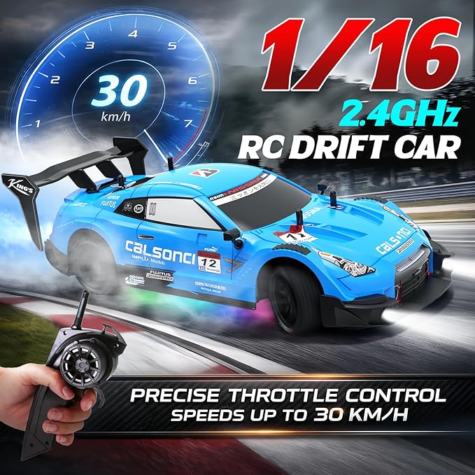 Remote Control Car RC Drift Car 1:16 Scale 4WD RC Vehicle with LED Lights 2.4GHz 30km/h RTR High Speed Racing Sport Toy for Adults Boys Girls Kids Gift 2Pcs Rechargeable Battery