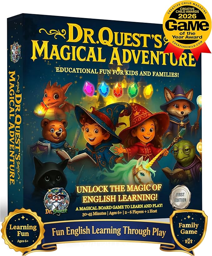 Dr. Quest's Magical Adventure–Educational Board Game for Kids Ages 6-9 – Spelling &amp Grammar Learning Game for Early Elementary | 180 Questions | Screen-Free Homeschool &amp Family Game | 2-6 Play