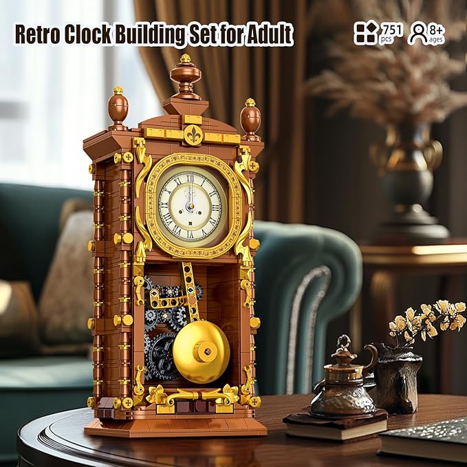 Retro Clock Building Block Set for Adults Linkable Mechanical Pendulum Clock Building Brick Kit Compatible with Lego Vintage Toy for Home Decor Gifts for Kid and Adult 8-12（751PCS）