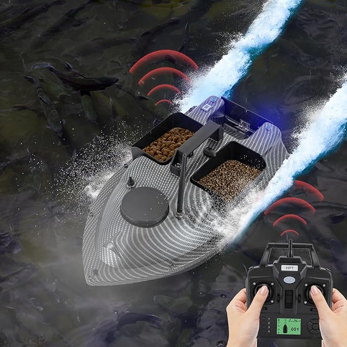 RC Bait Boat 600m/1968ft Long-Distance Control Surf Fishing Bait Boat 4.4LBS Loading Capacity with Dual 5200mAh Battery and LCD for Lake/Ocean Angling Auto Navigation (Gray)