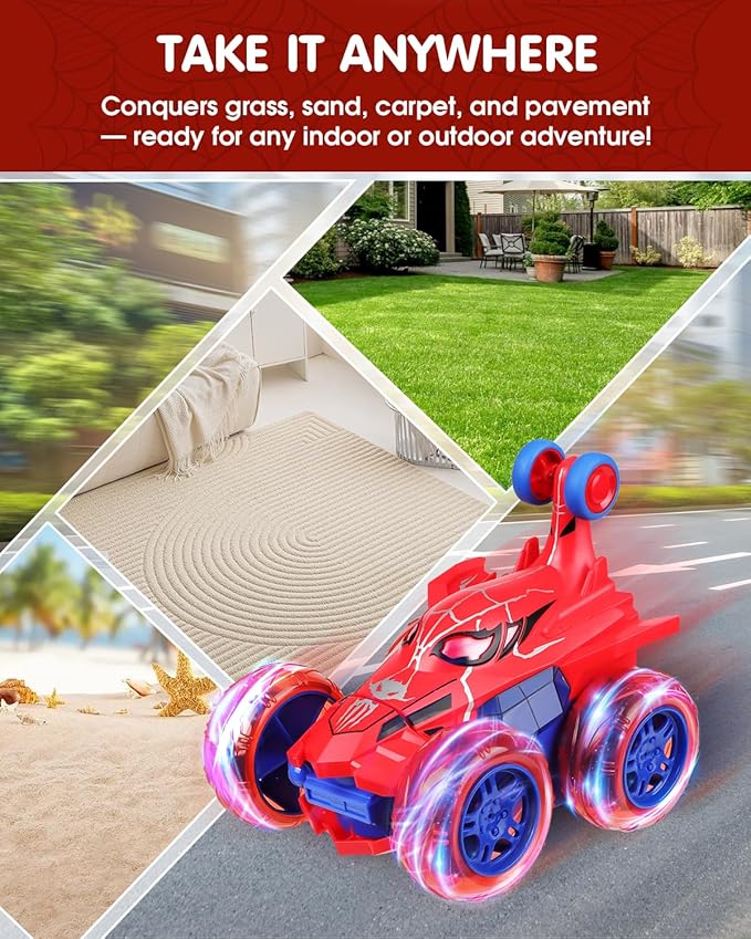 Spider RC Car for Kids – 4WD Remote Control Stunt Car with 360° Flip Fast Monster Crawler Toy with Light-Up Wheels – Rechargeable RC Vehicle Gift for Boys Ages 3-12