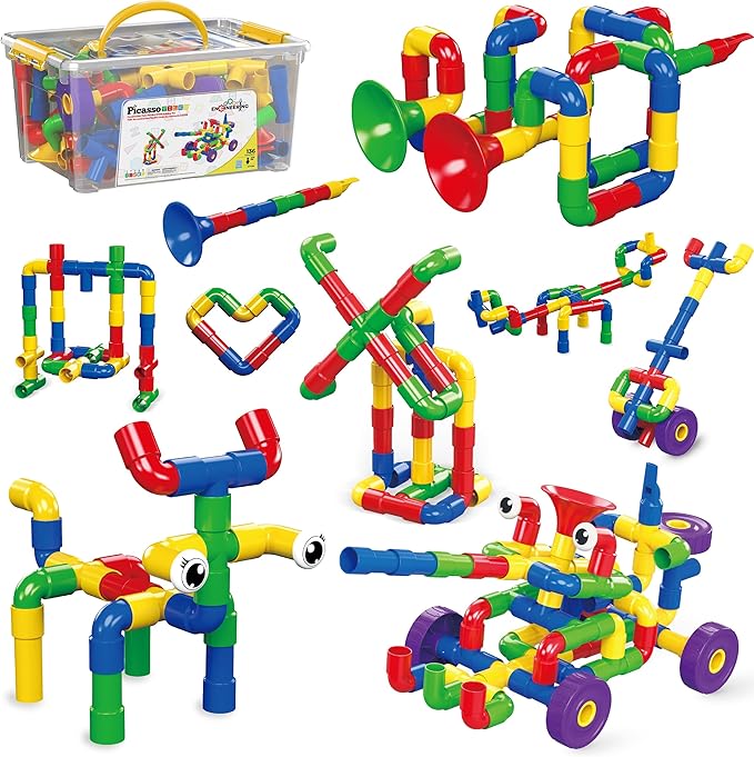 PicassoTiles PTT136 136pcs Tubular Pipes &amp Spout STEAM Interlocking Educational Building Block Set Tube Locks Pipeworks Construction Blocks w/Storage Container Box Idea Book Flute Musical Kit