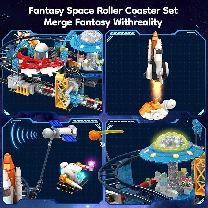 Utbttor 2 in 1 Space Roller Coaster Building Set with Rockets UFO Satellites Space Capsules Buildable City Park Friends Building Block Toys STEM Gift for Birthday Party Boys Girls Child 6+