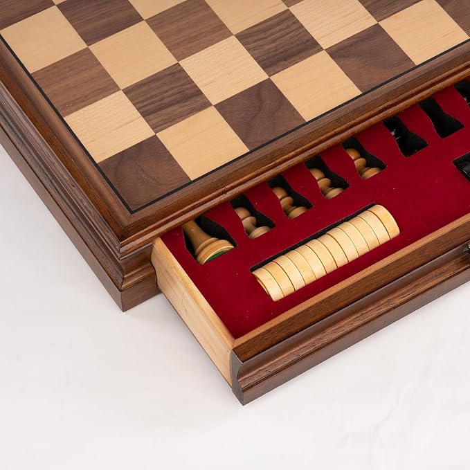 A&ampA 15 inch Walnut Wooden Chess Set with Storage Drawer Triple Weighted Pieces 3.0 inch King Height Walnut &amp Maple Inlay 2 Extra Queen Classic 2 in 1 Chess and Checkers Board Game