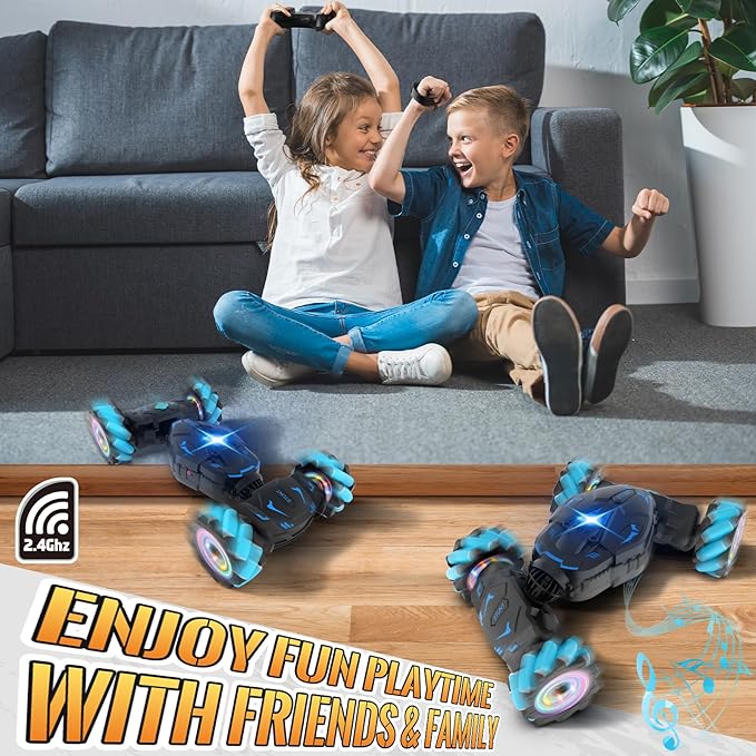 Pristar RC Cars Gesture Sensing Stunt Car Best Gifts for Boys 6-12 2.4Ghz Remote Control Car Toys for Boys Age 6 7 8 9 10 11 12 Double Sided Flip 360° Rotate 4WD Off-Road with Spray Lights Music