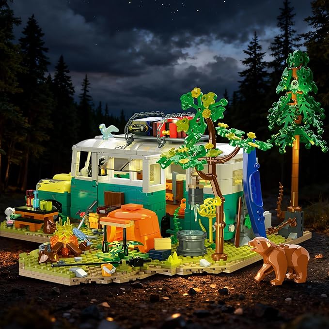 Wilderness Bus Building Set with Light 1392PCS Camping Building Toy Kit with Removable Bus Animals and Rich Accessories Creative Home Decor &amp Display Xmas Birthday Gifts for Adults Teens