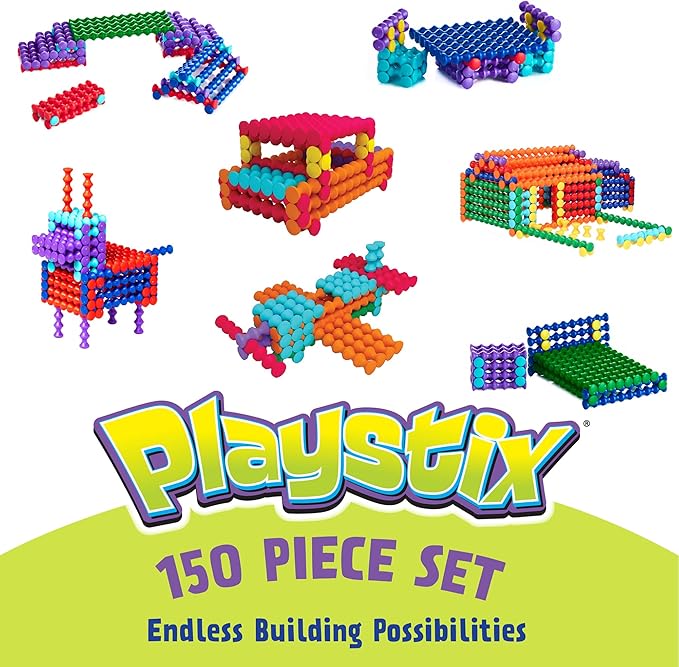 POPULAR PLAYTHINGS Playstix Construction Toy Set with Building Sticks for STEM and Classroom Use for Kids Ages 4 and Up - 150 Piece Kit