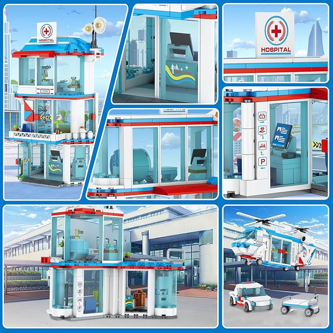 City Hospital STEM 3 in1 Building Sets Compatible with Lego Ambulance Tor Truck Rescue Helicopter Connect to Other City Sets 687 PCS Best Gift for 6 7 8 9 10 Boys