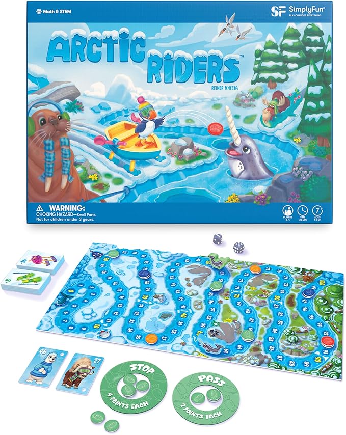 SimplyFun Arctic Riders - Educational &amp Fun Math Games for Kids - Practice Upper Level Addition &amp Subtraction Skills for Kids 7 &amp Up - 2 to 4 Players