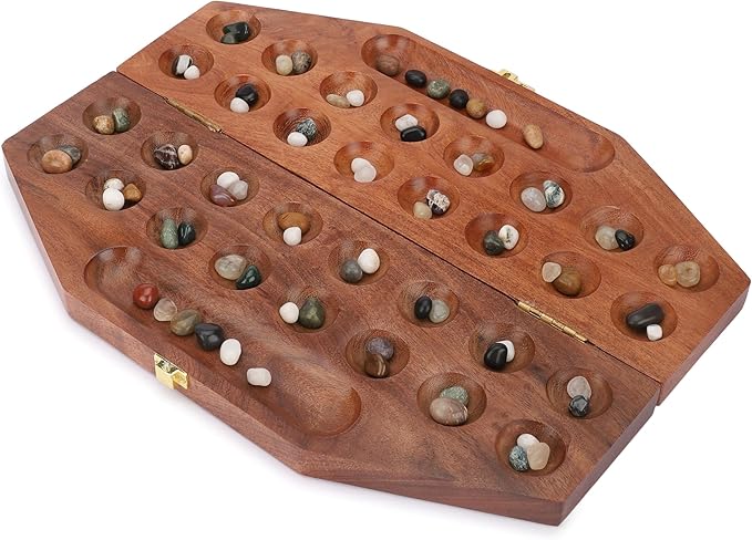 Ajuny Wooden Mancala Board Game Set – Classic Board Games Portable Folding Travel Mancala Board with Marbles (96 Stones) Ideal Family Wooden Games for Adults &amp Kids