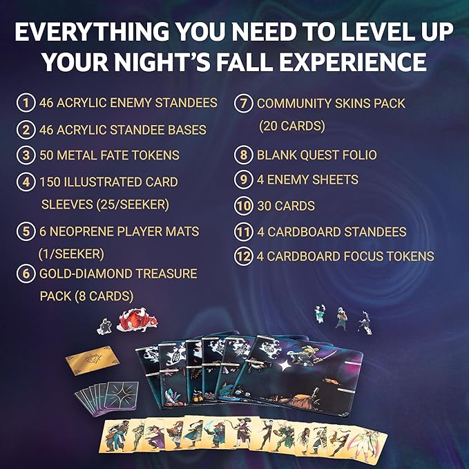 Kinfire Chronicles: Upgrade Kit Deluxe Accessory Pack with Metal Tokens Acrylic Standees Neoprene Mats Custom Sleeves Alternate Seeker Skins &amp DIY Quest Ages 14+(Not Standalone Needs Base G