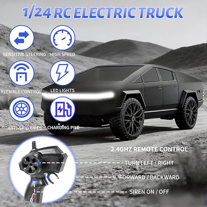 1/24 Scale RC Pickup Truck 2.4GHz Remote Control Car with Toy EV Charger Built-in Rechargeable Battery LED Lights Load Bed Upgraded Steering Gift for Kids Boys &amp Adults