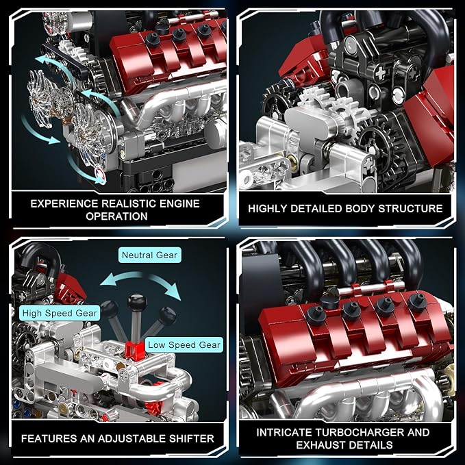 Mould King 10227 V8 Engine Model Kit 787+Pcs Mini V8 Engine Kits that Runs Build Your Own Car Model Engine with Gearshift &amp Motor Building Blocks for Adults DIY Construction Engineering Toy