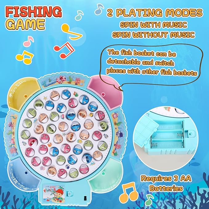 Magnetic Fishing Game Toys Rotating Board Game with Music Including 45 Fishes and 8 Fishing Poles Christmas Party Game Toys for Kids Age 3 4 5 6 7 and Up