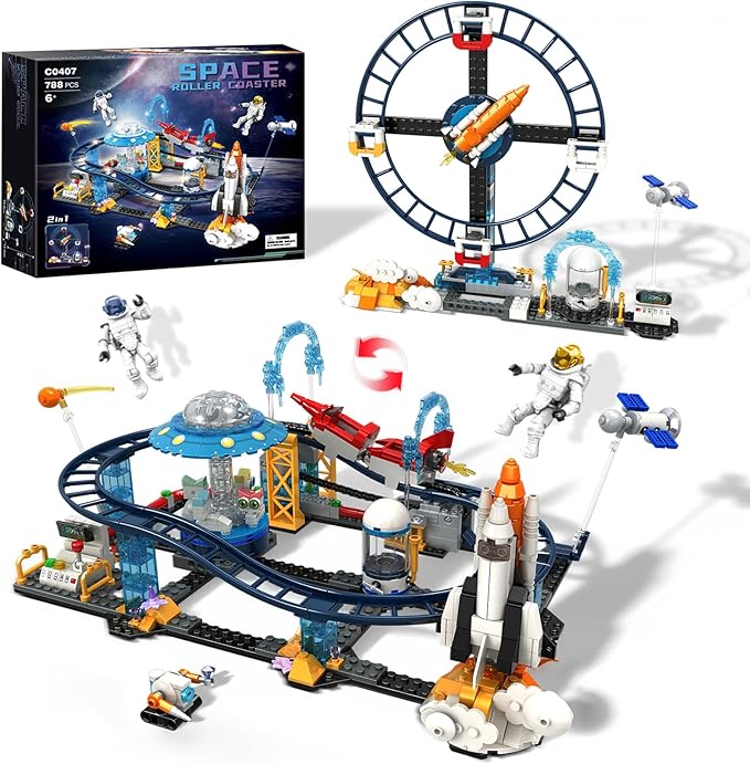 Utbttor 2 in 1 Space Roller Coaster Building Set with Rockets UFO Satellites Space Capsules Buildable City Park Friends Building Block Toys STEM Gift for Birthday Party Boys Girls Child 6+