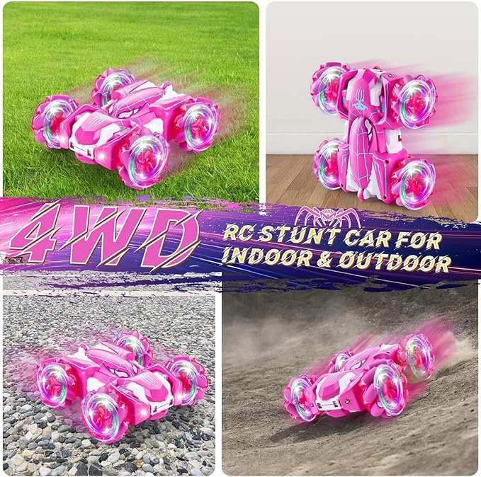 Spider Remote Control Car Double Sided 360°Rotating USB Direct Charging RC Cars with Cool Lights 2.4Ghz Drift RC Stunt Car 360°Rotating 4WD Off-Road Race Toys for 4-12 Boy Girl Kids Gifts(Pink)