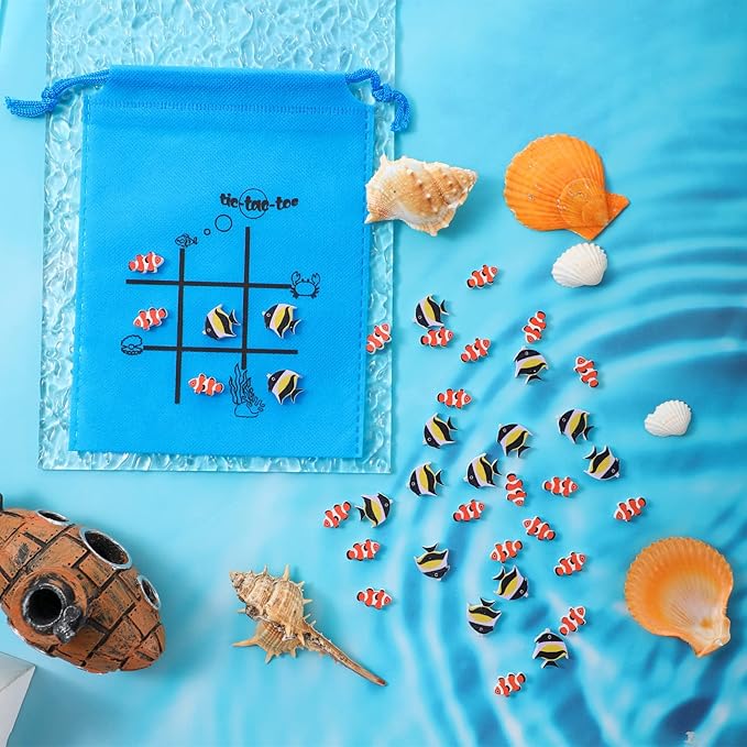 Sotiff 36 Set Tic Tac Toe Game Bulk for Boys Girls Ocean Tropical Fish Gifts Blue Tic Tac Toe with Bag Classroom Prizes Games for Students School Exchange Birthday Party Favor Supplies 5.9x7.9''