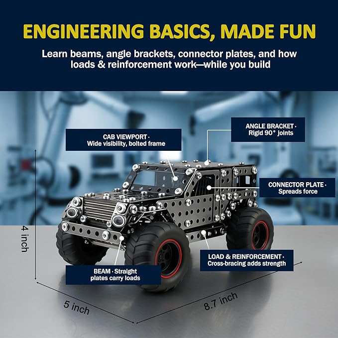 496 Pcs Metal Building Toys for Boys &amp Girls 8-12 Years Old Off-Road Vehicle Model Truck Kits STEM Engineering Construction Set Monster Car Educational Gift for Kids Ages 8 9 10+