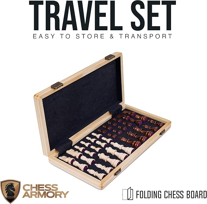 15 Inch Magnetic Wooden Chess Set for Adults &amp Kids - Folding Travel Chess Board with Handcrafted Staunton Pieces Extra Queens and Storage Slots