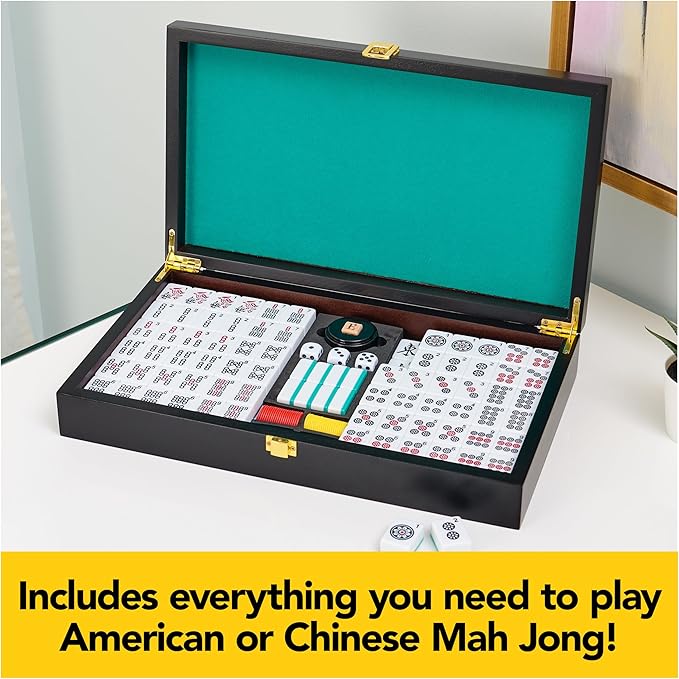 Spin Master Games Legacy Deluxe Mah Jong Classic Game with Two-Toned Tiles and Lined Wood Storage Case Family Game for 4 Players Ages 8 and up