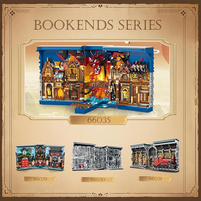 Reobrix Shire Booknook Building Set with Light H.obbit-Themed DIY Bookend Building Block Kit for Adults Medieval Dragon Book Nook 3398PCS Bookshelf Home Decor for Age 14+