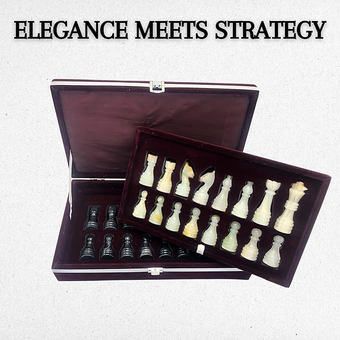 Handcrafted Premium Marble Chess Pieces Set – Elegant 32-Piece Replacement for 12-15 Inch Chess Boards Storage Box (Black and Onyx)