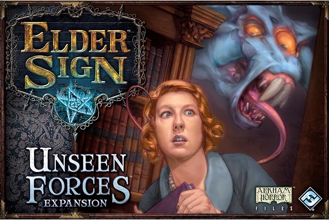 Elder Sign Unseen Forces Board Game EXPANSION - Mystical Blessings Curses and New Challenges! Cooperative Dice Adventure Ages 14+ 1-8 Players 1-2 Hour Playtime Made by Fantasy Flight Games