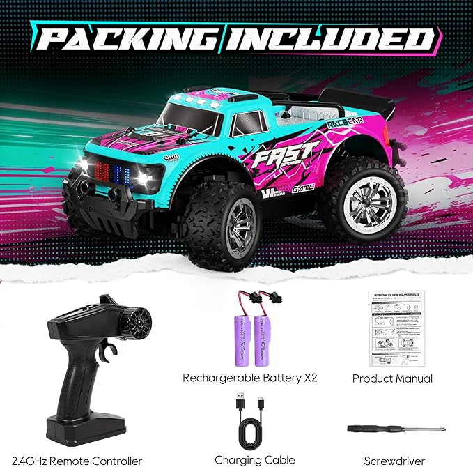 Remote Control Car 2WD Off-Road RC Cars 20 KM/H All-Terrain Rc Truck with Colorful LED Lights 2.4GHz 1/20 Remote Control Car for Boys 4-7 8-12 RC Gift Toys for Adults Girls