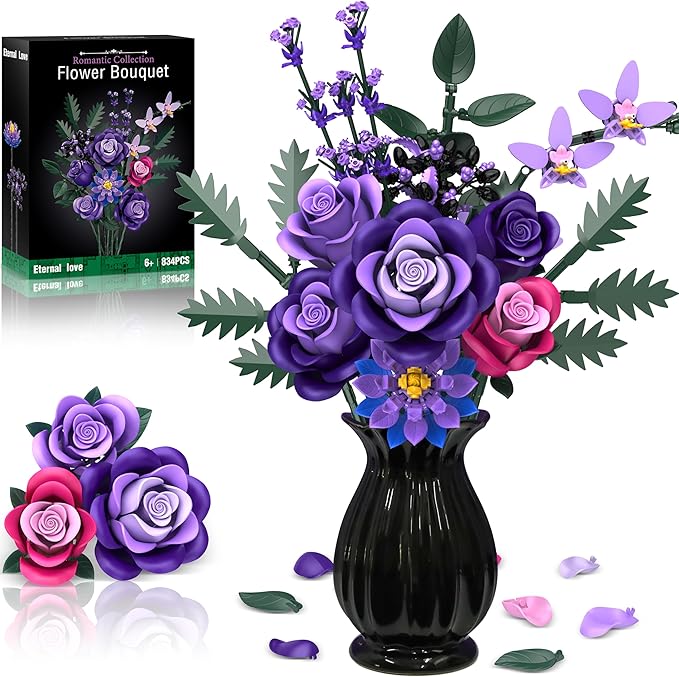 Purple Roses Flower Bouquet Building Sets 834PCS Artificial Flowers Botanical Collection Compatible with Lego Flowers for Adults Gothic Decor Valentines Day Gifts for Her Women Wife Girlfriend Mom