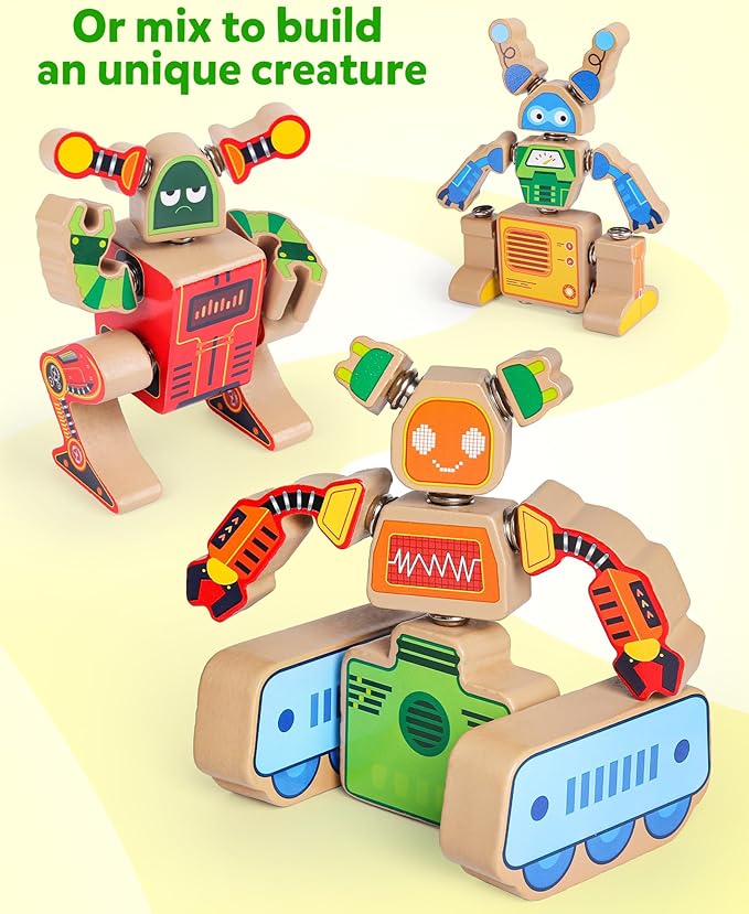 Coogam Fine Motor Building Robot Blocks for 3 4 5 Years Old Kids Wooden Snap Together Builders STEM Take Apart Robot Playset Educational Learning Toy Gift for Boys Girls