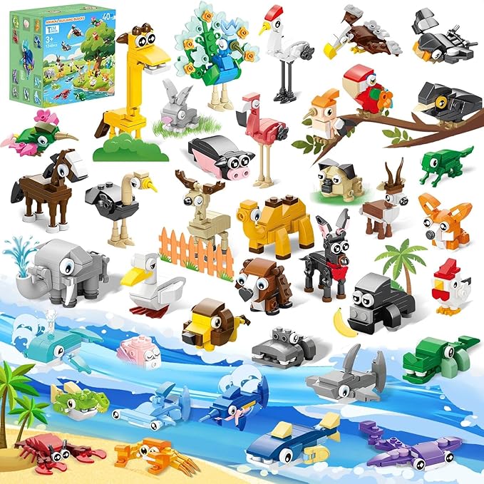 40 Packs Animal Party Favors for Kids - 1240PCS Mini Animal Building Block Set for Goodie Bag Fillers Valentines Day Classroom Prizes Easter Birthday Gifts for Boys Girls Students