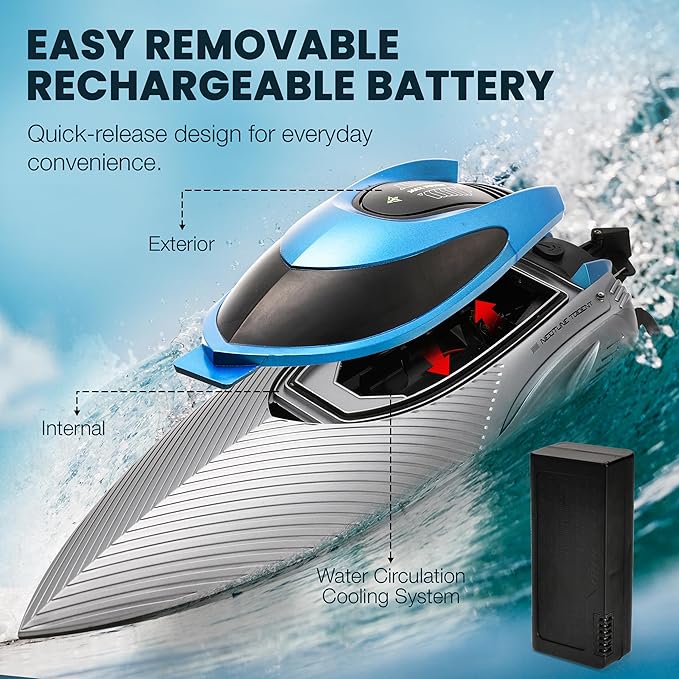 RC Boat for Adults &amp Kids Metallic Blue 2.4GHz Remote Control Racing Boat 25 MPH Self-Righting Waterproof Long Range Rechargeable LED Light High Speed Electric Toy Boat for Lake Pool &am