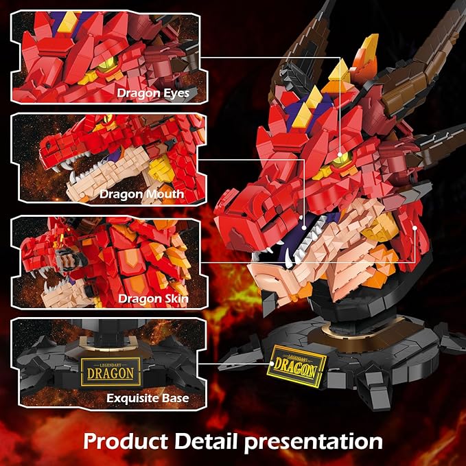 NUTCRACKER Dragon Building Set for Adult - Fire Dragon Head Toy Building Set Animal Skeleton Fossils Home Desktop Display Model Decor Easter Birthday Gift for Teens Boys Girls 14+ (2713 Pieces)