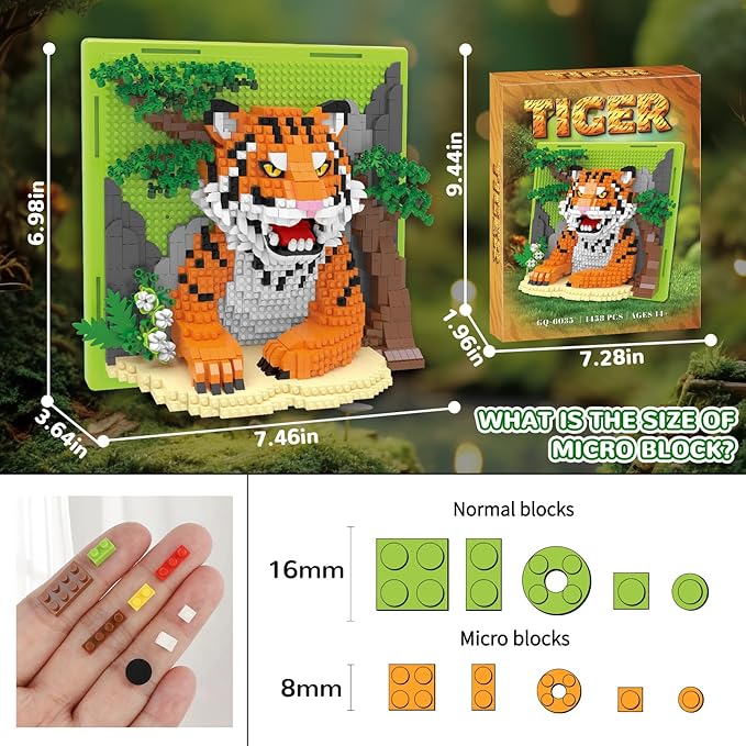 Tiger Animal 3D Wall Art Micro Mini Building Blocks Set Unique Home Wall Decor or Table Display No Compatible with Lego Ideal Gift Toy for Adults &amp Boys Girls 14+ (1458 PCS)