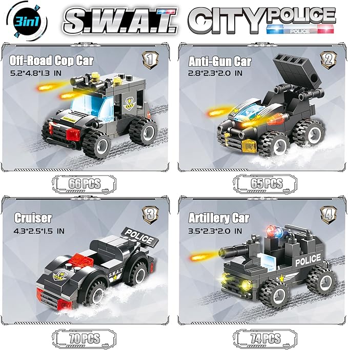 1110 PCS SWAT City Police Set Cop Car Building Set with Helicopter Boat Police Station Mobile Command Center Truck Toys in 25 Different Models Gifts for 6 Plus Year Old Kids Boys
