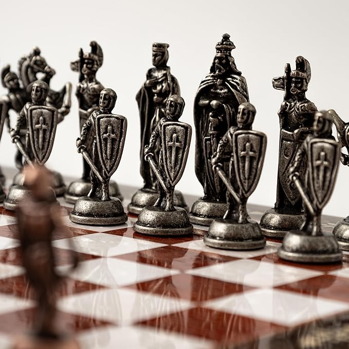 Luxury Wooden Chess Set with Metal British Army Pieces – Handmade Walnut Chess Board with Storage – Decorative Gift for Adults &amp Father Gift (Rose)