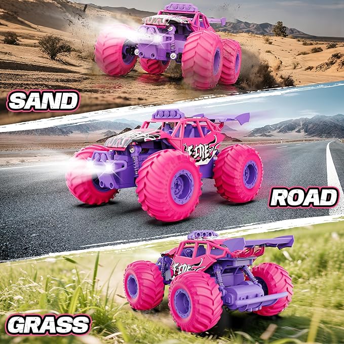 Remote Control Car All Terrain RC Cars with Speed Switch RC Truck with LED Headlight and Rechargeable Batteries 20KM/H Monster Truck Toys Gift for Girls Age 6-8 8-12 Pink