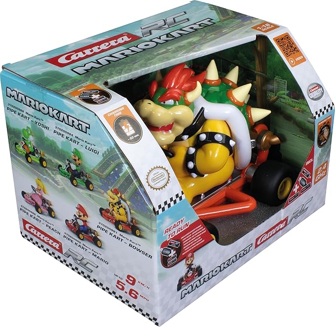 Carrera 200981P RC Official Licensed Mario Kart Pipe Kart Bowser 1:18 Scale 2.4 Ghz Remote Radio Control Car with Rechargeable LiFePO4 Battery - Kids Toys Boys/Girls