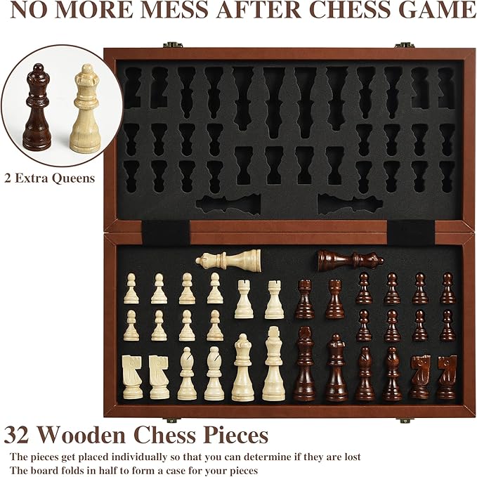 Magnetic Chess Set for Adult Kid 15.4 Leather Chess Board with Handmade Chess Piece Including 2 Extra Queens and Storage Slot Folding Portable Travel Chess Game for Beginner and Professional
