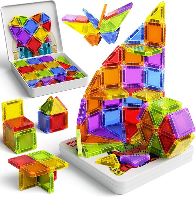 Magnetic Tiles Mini Travel Toddler Set 60pcs Magnetic Blocks Building Kids Toys Montessori Preschool Classroom Must-Haves Educational Learning Sensory Toys for 3+ Year Old Boys