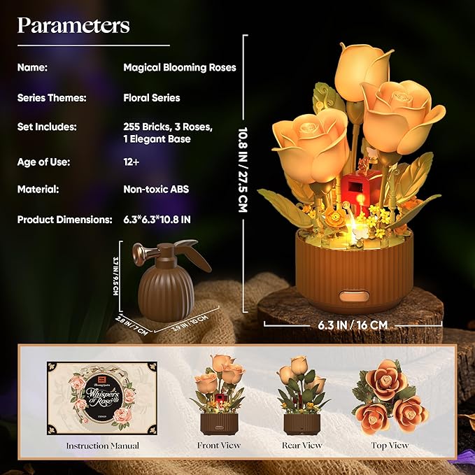 Magical Blooming Rose Building Set for Mom - Electric Moving Flower Blocks with Interactive Sound &amp LED Light Best Birthday for Women Grandma Wife