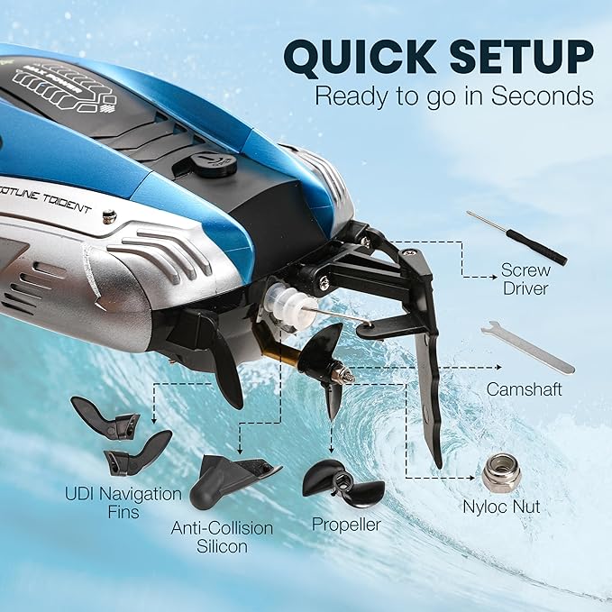 RC Boat for Adults &amp Kids Metallic Blue 2.4GHz Remote Control Racing Boat 25 MPH Self-Righting Waterproof Long Range Rechargeable LED Light High Speed Electric Toy Boat for Lake Pool &am