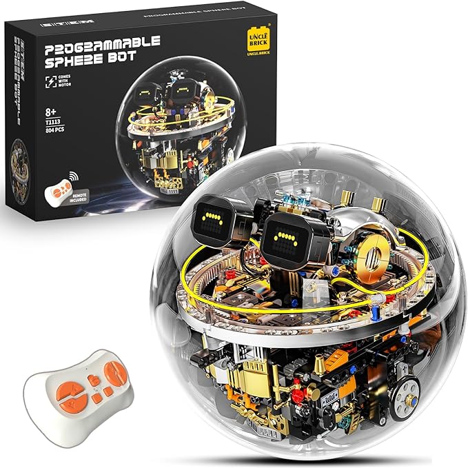 Transparent Spherical Robot Building Block SetStem Toys for Ages 8-13Programmable Remote-Controlled PoweredLED Expression Display and Cyberpunk LightingHoliday and Birthday Gifts
