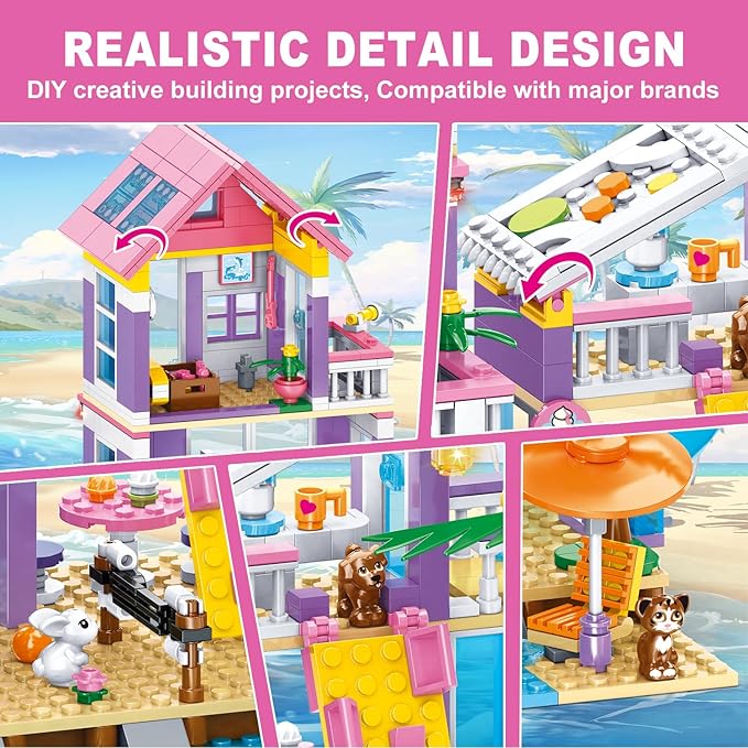 955 Piece Beach House Building SetSeaside Beach Villa Building Toys Friends Vacation Hut Blocks SetSTEM BuildingToys with HelicopterYachtSailboatChristmas Birthday Gift for Girl Age 6-12+